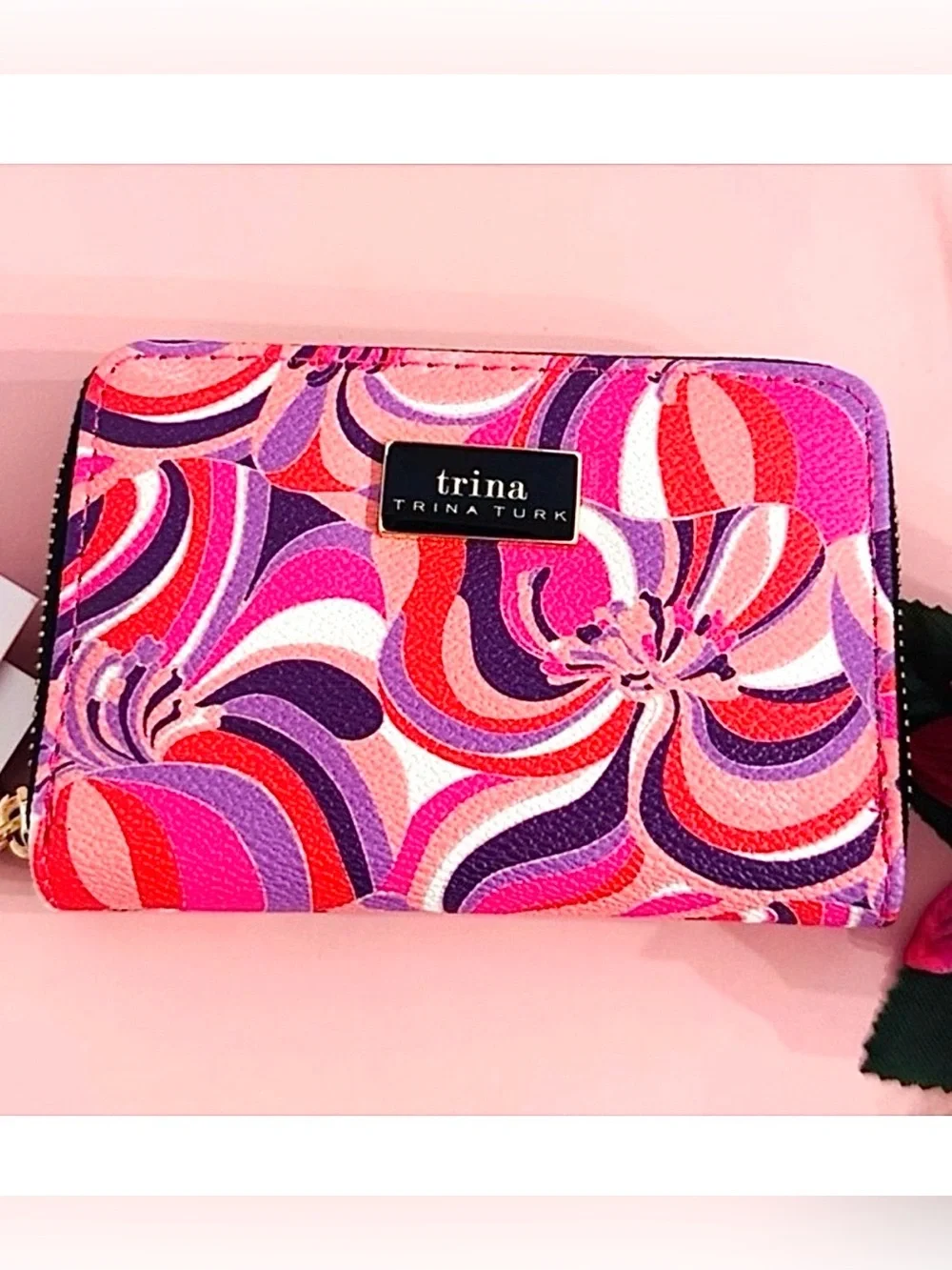 TRINA TURK ~ Multicolor Pink and Purple Swirl Wallet w/Silver-Toned Hardware
